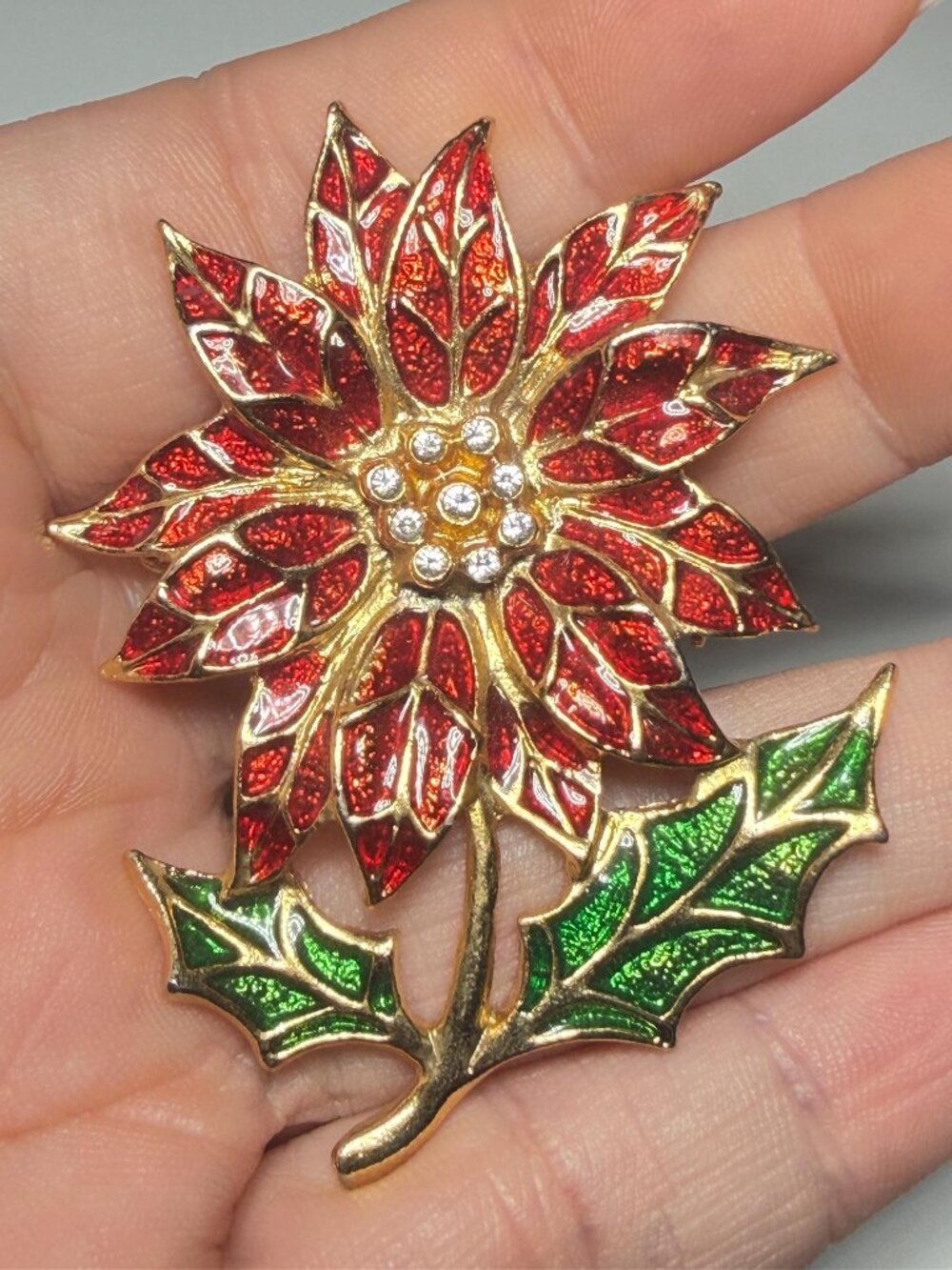 Poinsettia Brooch Red Green Enamel Pearl Christmas Vintage